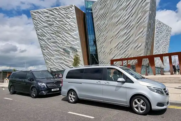 Luxury Mercedes vehicles outside Titanic Belfast for Belfast Chauffeur Service
