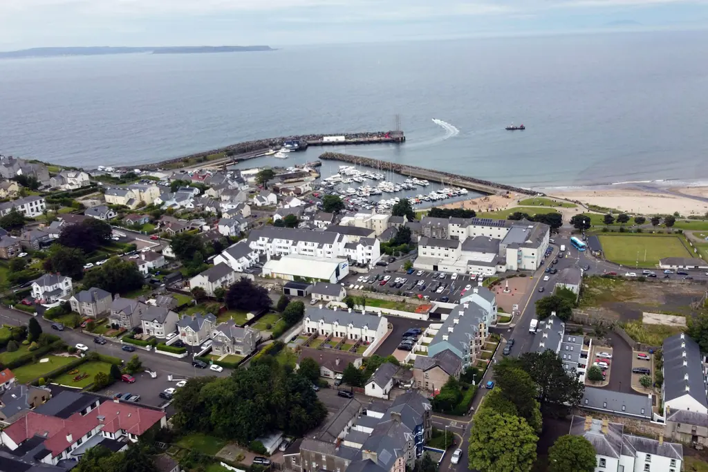 Aerial view of Ballycastle and Ballycastle Harbour on the north coast of Northern Ireland