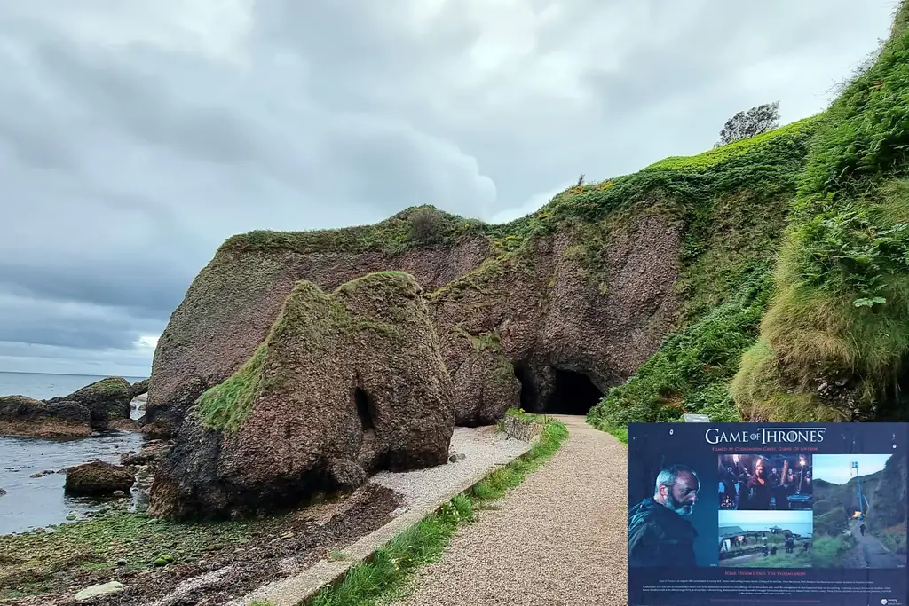 Cushendun Caves on the Antrim Coast with Game of Thrones filming location sign in Northern Ireland
