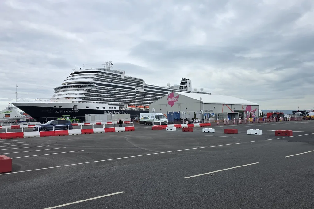 A Holland America cruise ship alongside at Belfast Cruise Terminal, with the pick up area a short walk from the ship