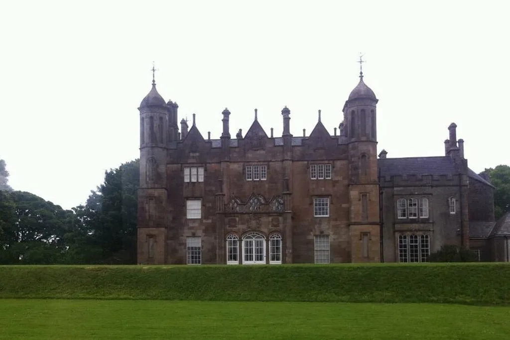 The Tudor Gothic front of Glenarm Castle in County Antrim, home of the MacDonnell Earls of Antrim