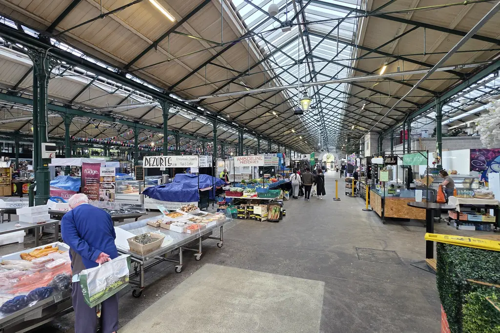 Stalls inside St George’s Market, the Victorian covered market in Belfast